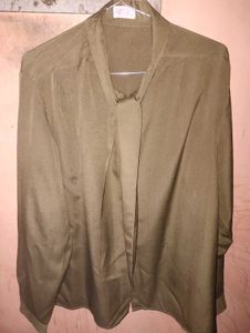 Elegant Olive Green Tie-Neck Blouse