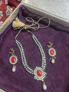 kundan Red Stone Necklace and Earrings Se