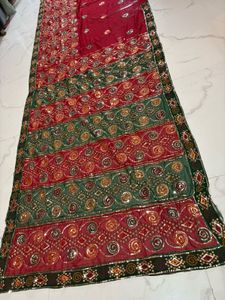 Red &amp; Green Embroidered Saree