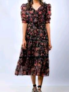 Quality Black&amp;Rust Orange Floral Print Tiered Midi