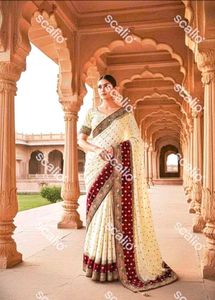 Elegant Cream &amp; Maroon Embroidered Saree