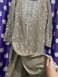 Pakistani beige Embroidered Kurta Set with Dupatta