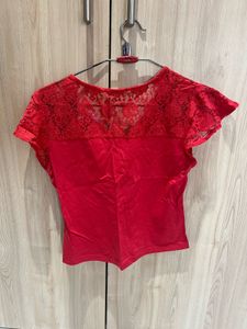 Red Lace Detail V-Neck Top