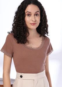 Brown Ribbed Top with Lace Trim