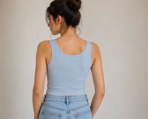 Light Blue Button-Front Crop Tank Top