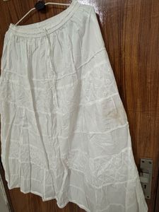 White Embroidered Tiered Cotton Skirt