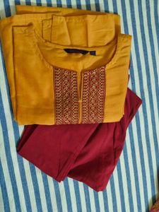 Yellow Embroidered Kurta with Red Bottoms