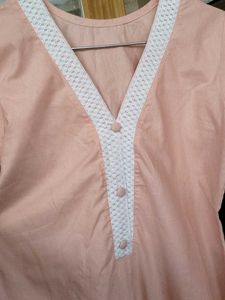 Peach Khadi Cotton Kurta Set with White Lace