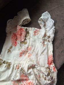 Floral Print Midi Dress with Lace Details