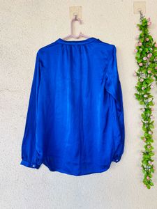 Vibrant Blue Satin Tie-Neck Blouse