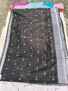 Elegant Black Saree with Silver Motifs