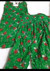 Green Rose Print Kurta Set