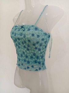 Blue Lace Floral Crop Top