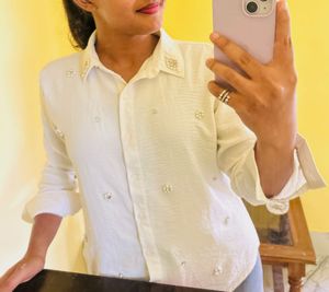 Embellished White Collared Shirt