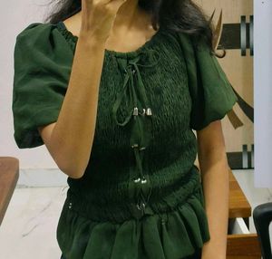 Green Shirred Peplum Top