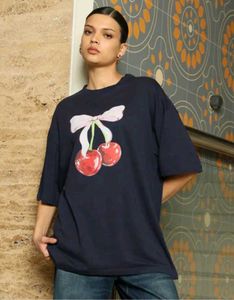 Shein drop shoulder Navy Cherry Print T-shirt
