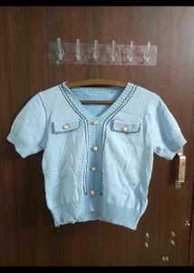 coquette Cute Blue Button-Up Knit Korean Top