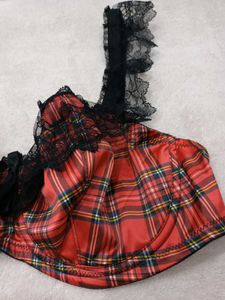 Red Plaid Lace Trim Bra