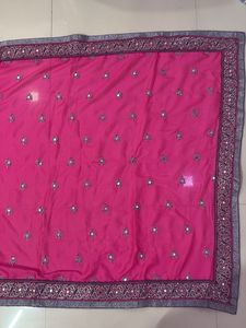 pink net mirror work sareee with blouse