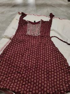 Maroon Printed Kurta with Embellished Neckline