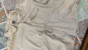 Beige Drawstring Waist Button-Up Top