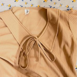 Cute Beige Ribbed Top/Blouse with Tie Collar