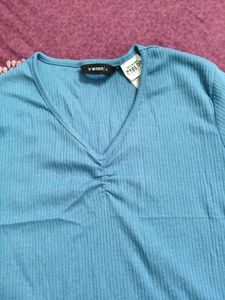 Blue Ribbed V-Neck Top