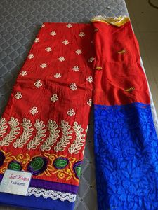 Elegant Red &amp; Blue Dress Material Set with Dupatta