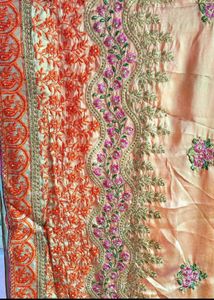 Elegant Peach &amp; Olive Embroidered Saree