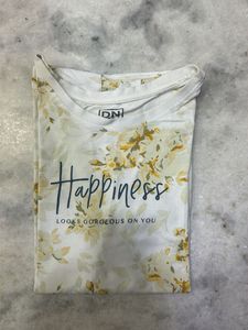 White Floral T-Shirt with "Happiness" Graphic