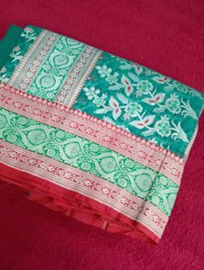 Premium Emerald Green &amp;  Red Silver Zari Saree