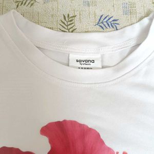 White T-Shirt with Pink Hibiscus Print