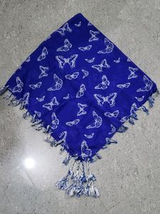 Blue Printed Square Scarf With Attached Pompoms