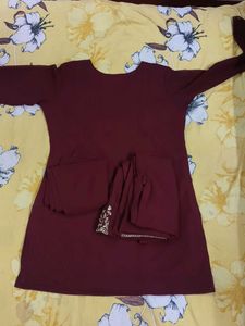 Maroon Kurta Set with Embellished Neckline