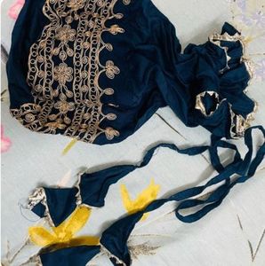Embroidered Royal Blue Kurti Set with potli