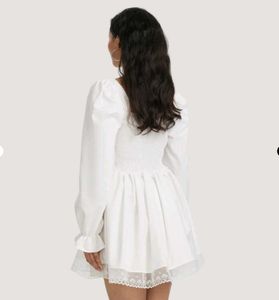 Savana White Puff Sleeve Lace Trim Dress