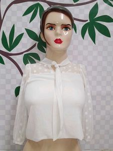 (1100)White Polka Dot Sheer Sleeve Blouse