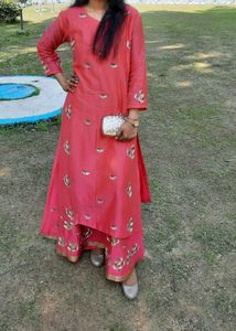 pink/magenta silk long kurta/sharara suit
