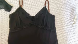 Lace Trim Black Slip nighty with thong