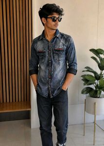 Stylish Washed Denim Shirt with Zippers