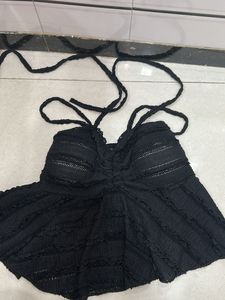 Elegant Black Tie-Strap Crop Top