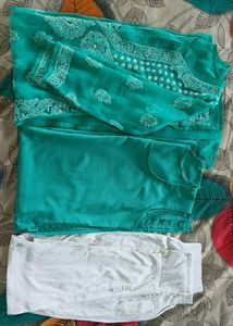 Teal chikankari Embroidered Kurta &amp;bottom Set