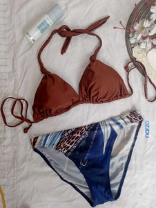 Bikini Set - Brown Top &amp; Patterned Bottoms