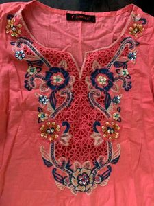 Embroidered Coral Kurta Top