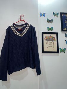 Navy Cable Knit V-Neck oversized Sweater