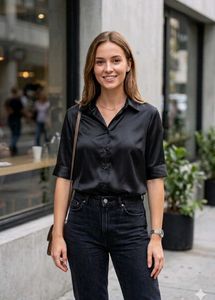 Chic Black Satin Button-Up Shirt