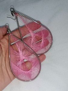 Unique Pink Thread Tear Drop Earrings