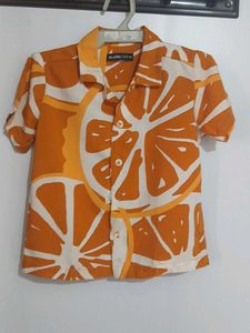 Vibrant Orange Citrus Print Short Sleeve Shirt