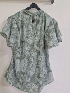 Elegant Green Printed Blouse with Embellished Coll