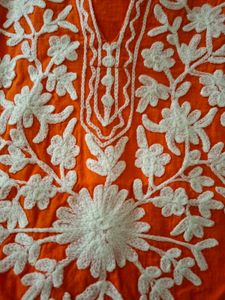 Orange Embroidered Cotton Kurta